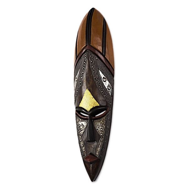 Alternate image for Tall African Wood Mask with Brass and Aluminum Accents African Empress