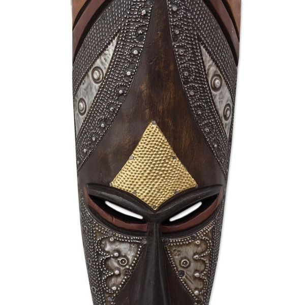 Alternate image for Tall African Wood Mask with Brass and Aluminum Accents African Empress