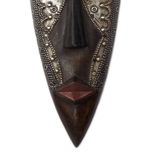 Alternate image for Tall African Wood Mask with Brass and Aluminum Accents African Empress