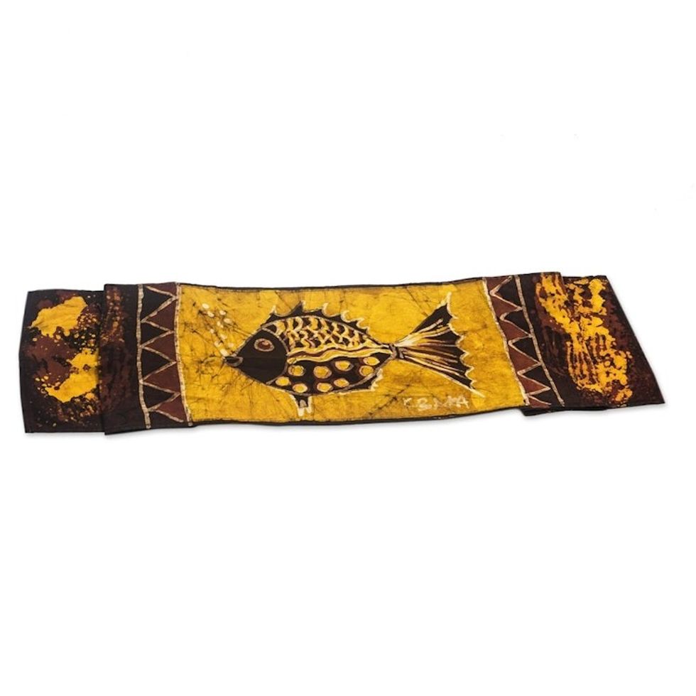Hand-Painted Cotton Batik Fish Table Runner from Ghana 'Bubbly Fish'