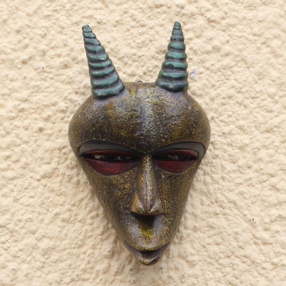 Gold-Tone African Wood Goat Mask from Ghana 'Golden Goat'