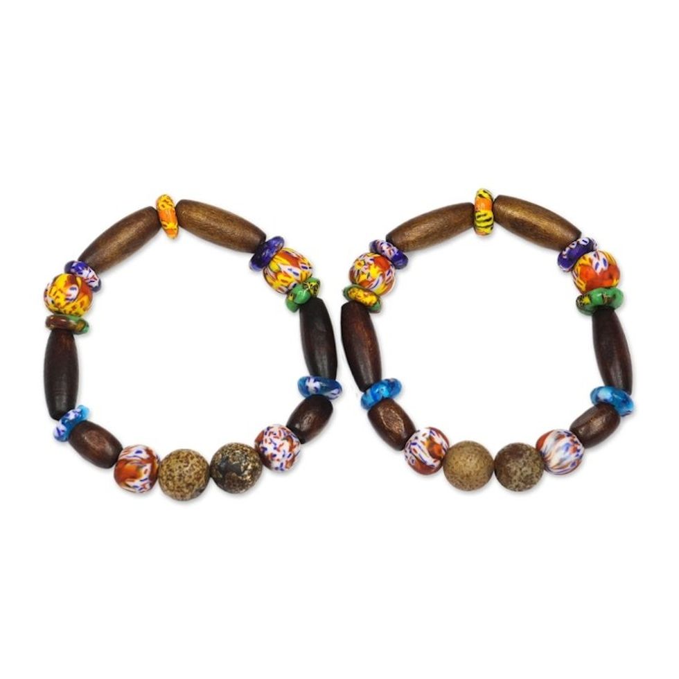 Wood and Recycled Glass Stretch Bracelets Pair 'Eco Reverence'
