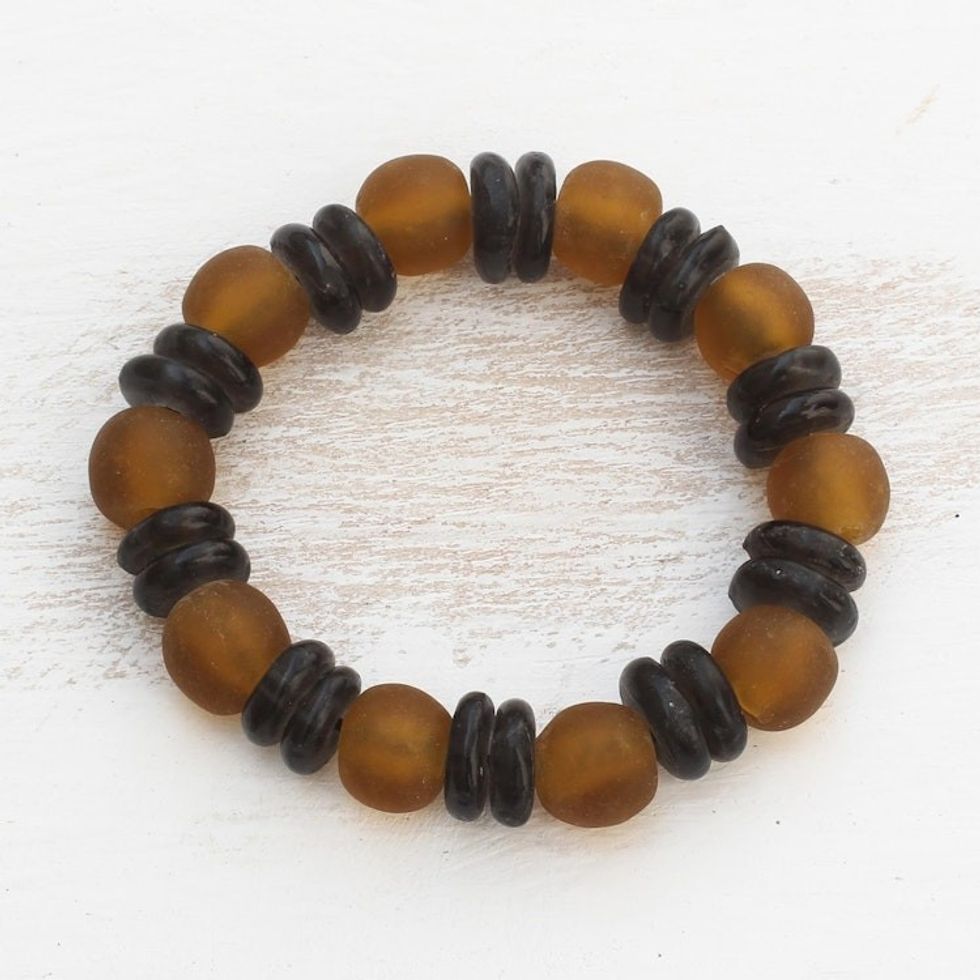 Brown and Black Recycled Glass Beaded Stretch Bracelet 'Alternating Discs'