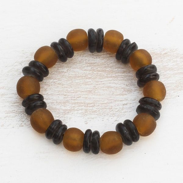 Alternate image for Brown and Black Recycled Glass Beaded Stretch Bracelet Alternating Discs