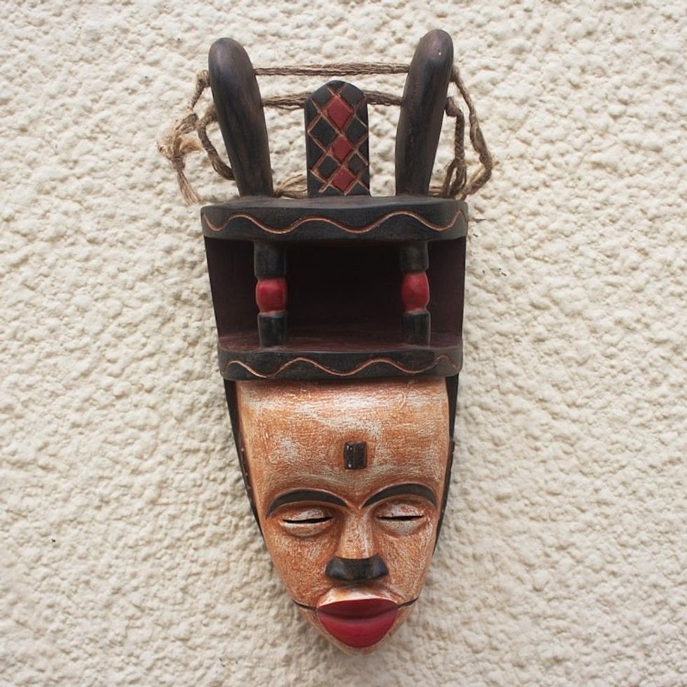 Hand Made African Sese Wood Mask 'Ibiobio Horn'