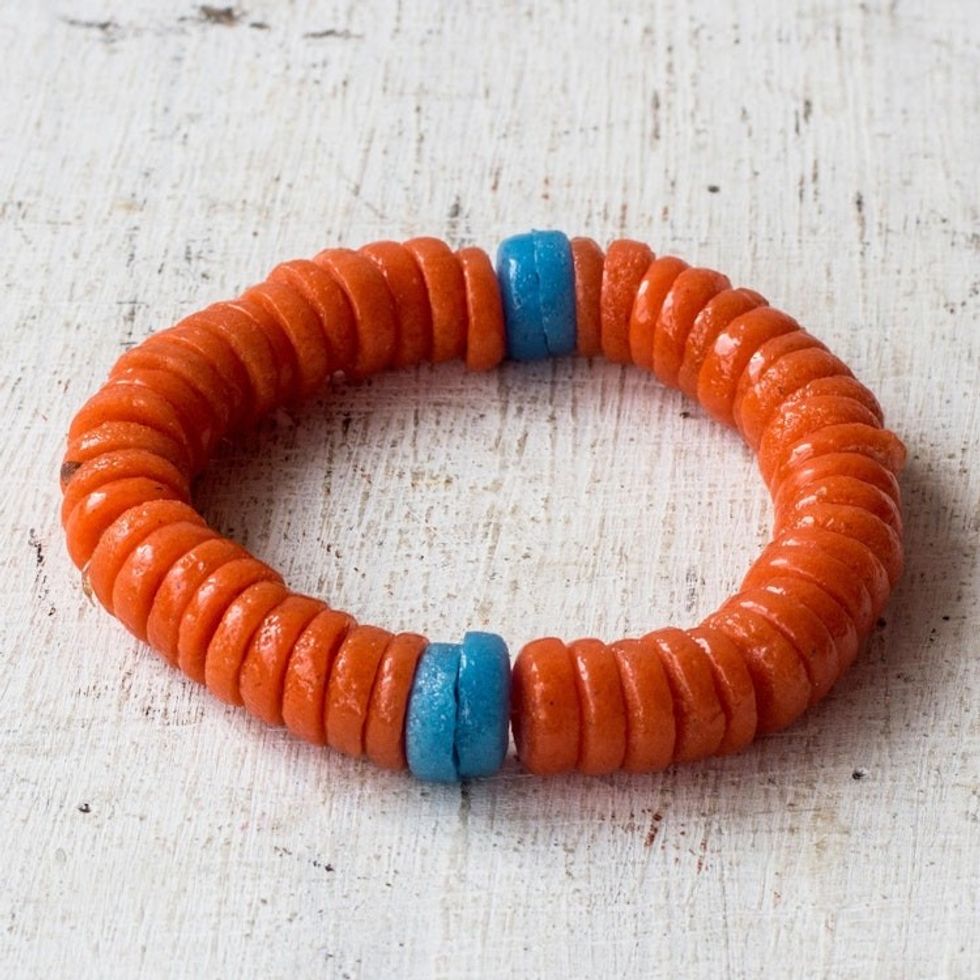 Recycled Plastic Beaded Stretch Bracelet in Orange and Blue 'Eco Orange'