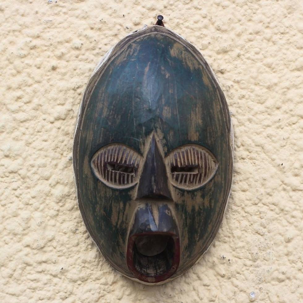 Rustic African Wood Mask in Green from Ghana 'Rustic Obua'