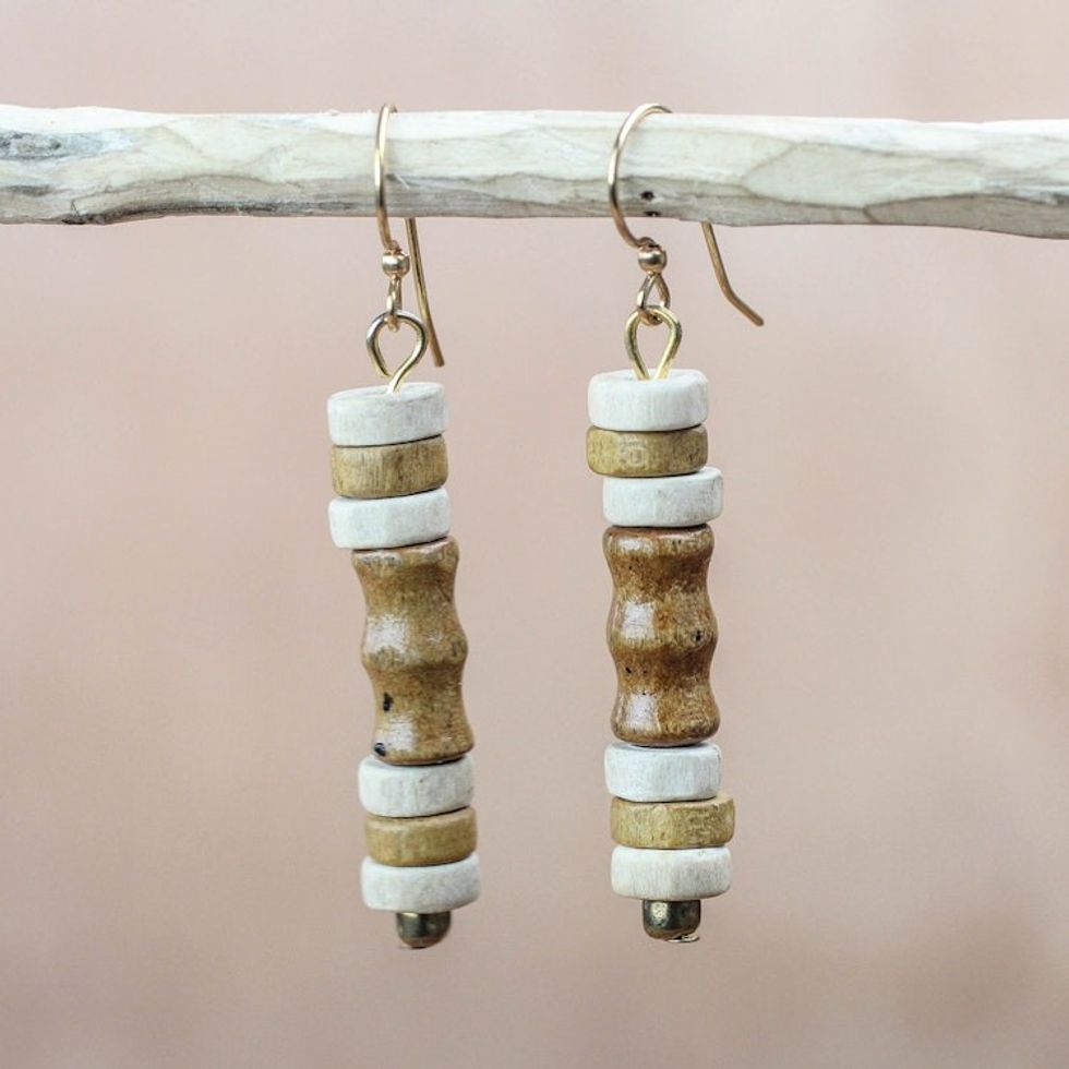 Beige and Cream Wood Cylindrical Bead Dangle Earrings 'Gazelle'