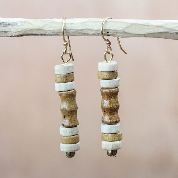 Alternate image for Beige and Cream Wood Cylindrical Bead Dangle Earrings Gazelle