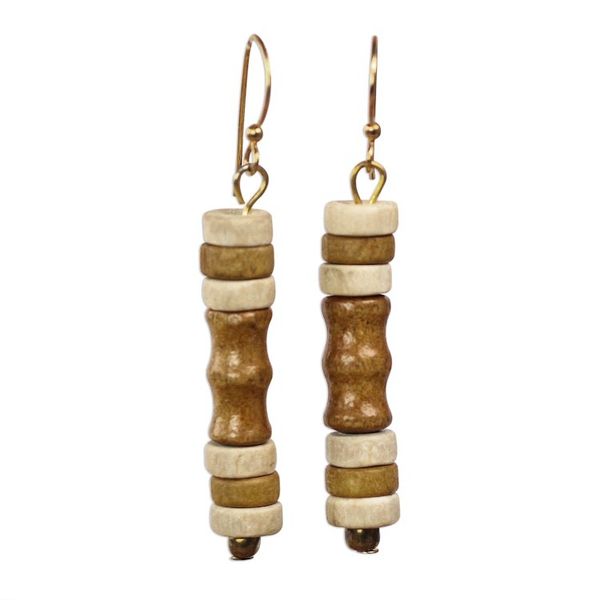 Alternate image for Beige and Cream Wood Cylindrical Bead Dangle Earrings Gazelle