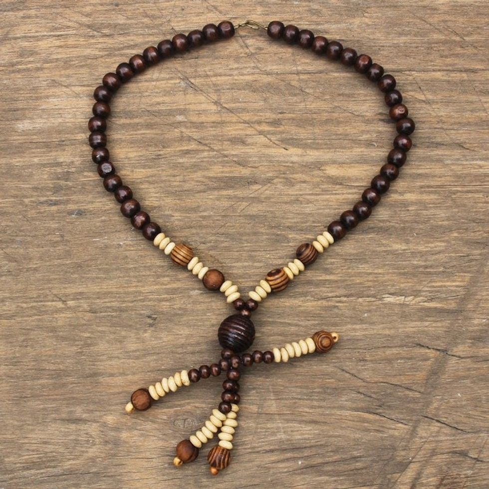 Beaded Wooden Pendant Necklace from Ghana 'Beaded Dancer'