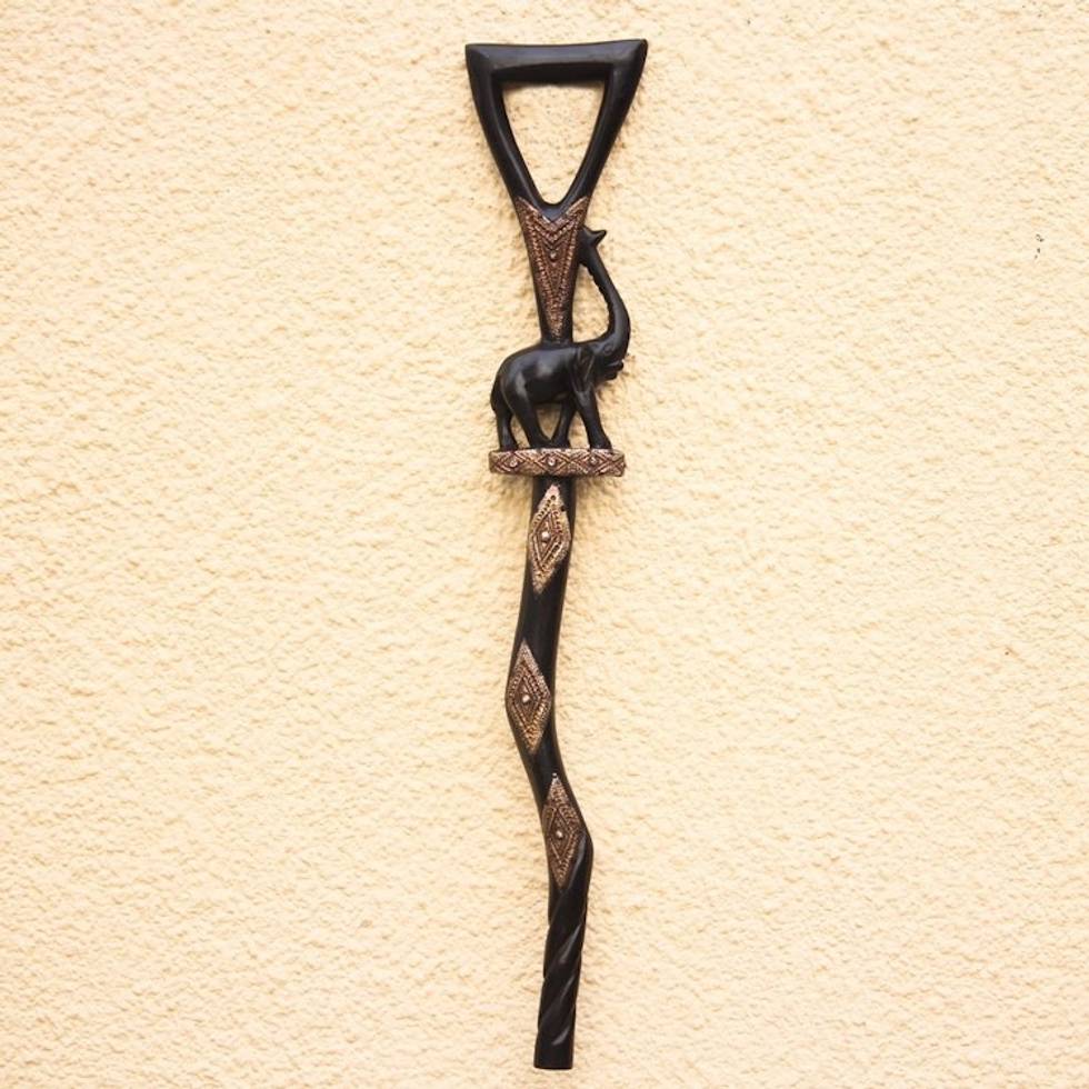 Elephant-Themed Wood and Aluminum Walking Stick from Ghana 'Strolling Elephant'
