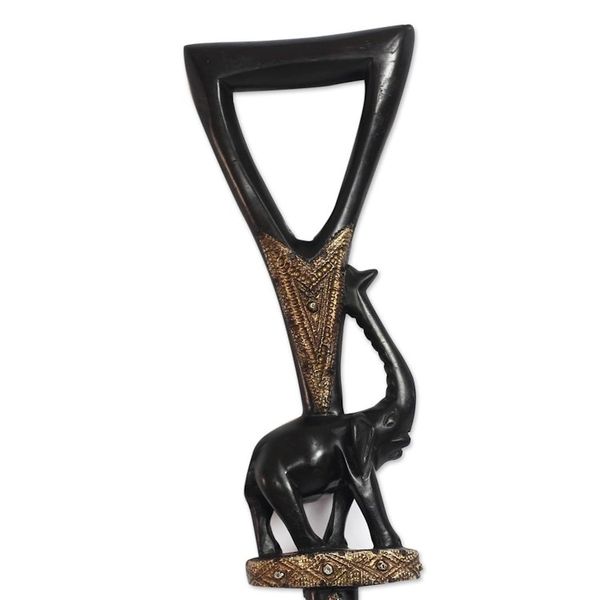 Alternate image for Elephant-Themed Wood and Aluminum Walking Stick from Ghana Strolling Elephant
