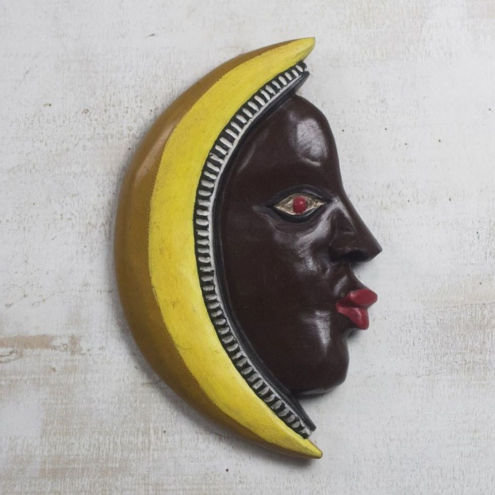 Hand Carved Wood Wall Sculptu of Man in Yellow Crescent Moon 'Man in the Crescent Moon'