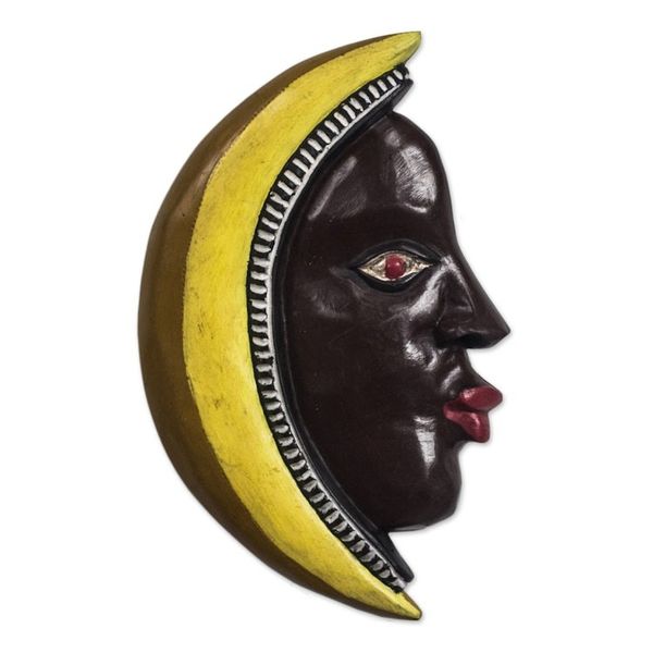 Alternate image for Hand Carved Wood Wall Sculptu of Man in Yellow Crescent Moon Man in the Crescent Moon