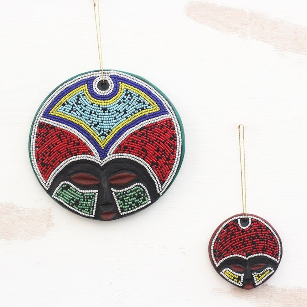 Recycled Plastic Beaded Wood Ornaments from Ghana Pair 'Ashanti Beauty'