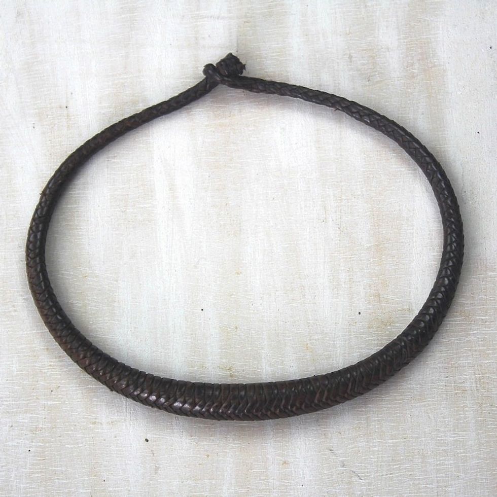 African Hand Crafted Braided Brown Leather Necklace 'Mpusia in Brown'