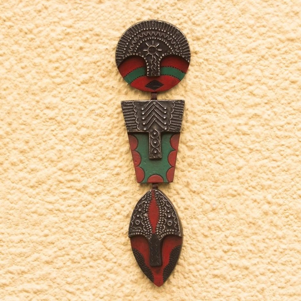 African Wood and Aluminum Trio Mask from Ghana 'Trio of Faces'