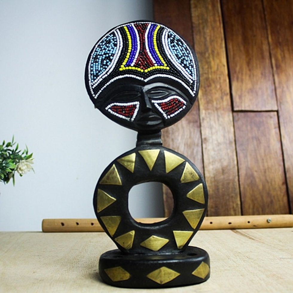 West African Beaded Wood Fertility Doll Statuette 'Akan Ashanti Doll II'