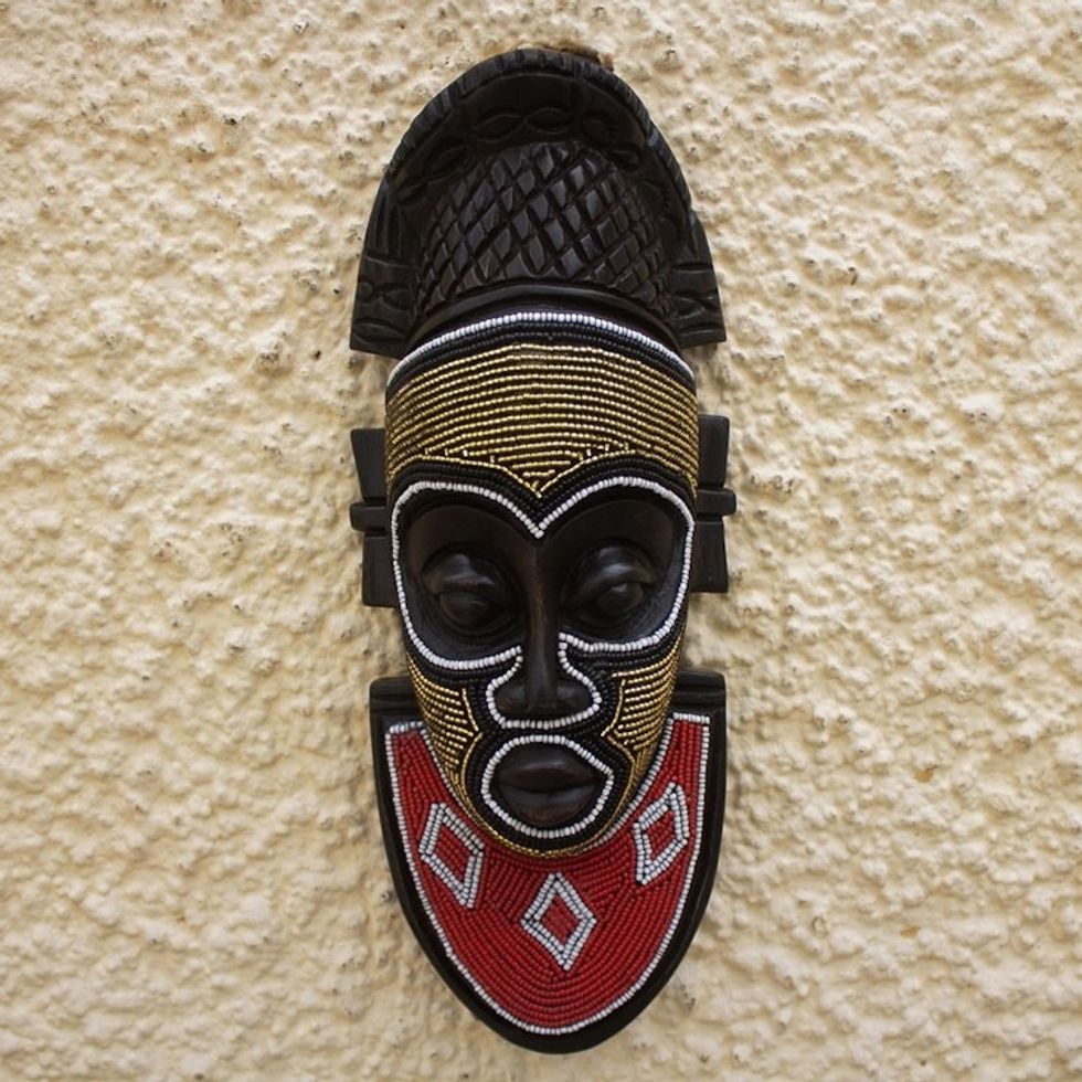 Sese Wood and Recycled Glass Bead Wall Mask 'Festac'