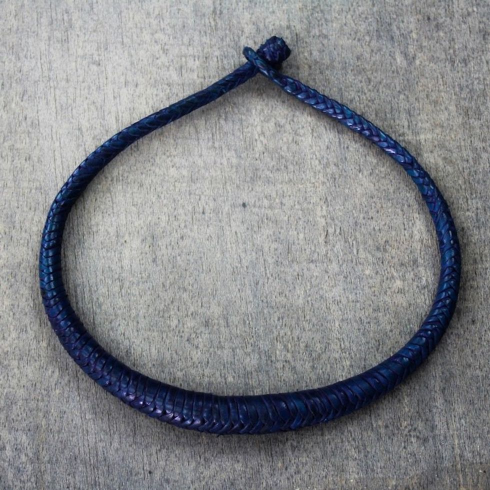 Braided Leather Necklace in Blue from Ghana 'Mpusia in Blue'
