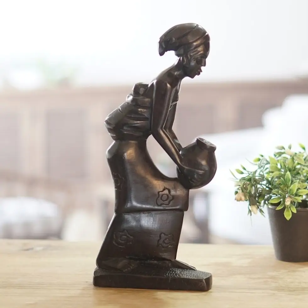 Hand Crafted Ebony Wood Sculpture 'Hardworking Mother II'