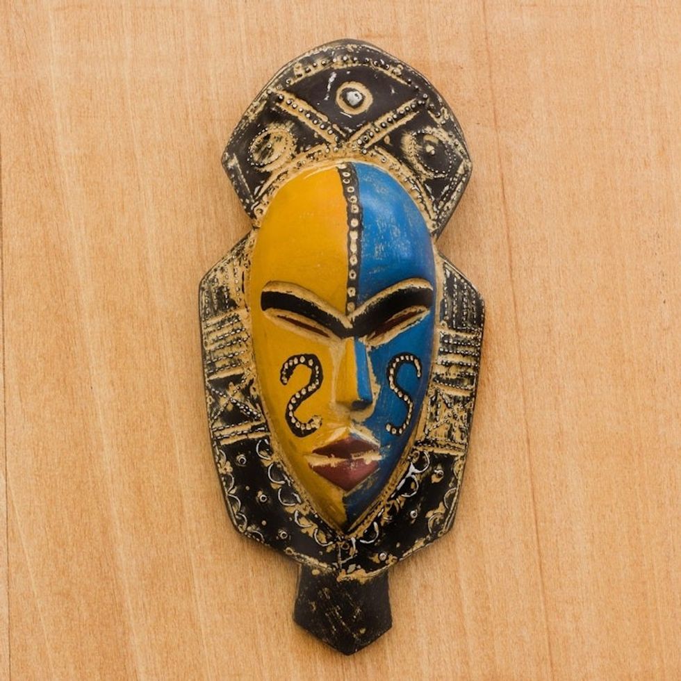 Blue and Orange Wood African Mask from Ghana 'Dual Thandi'