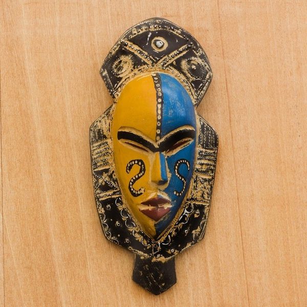 Alternate image for Blue and Orange Wood African Mask from Ghana Dual Thandi