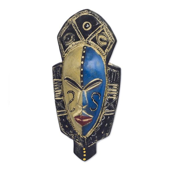Alternate image for Blue and Orange Wood African Mask from Ghana Dual Thandi