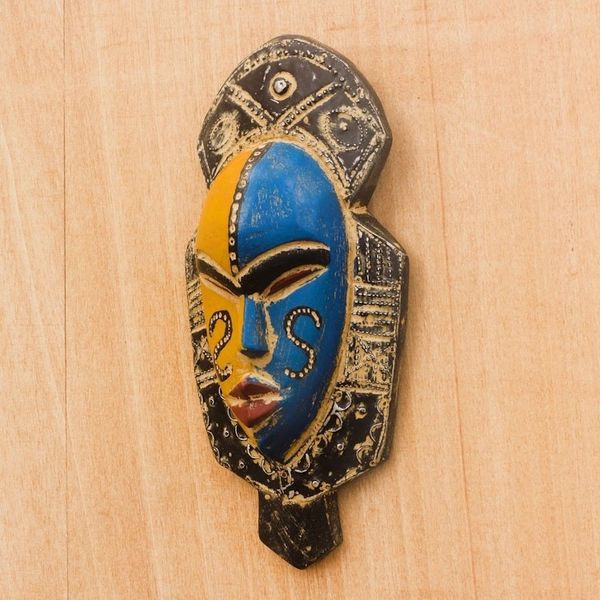 Alternate image for Blue and Orange Wood African Mask from Ghana Dual Thandi