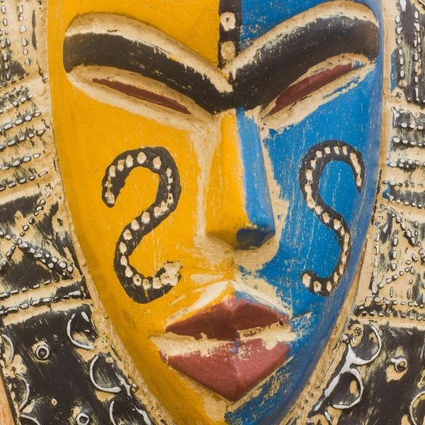 Alternate image for Blue and Orange Wood African Mask from Ghana Dual Thandi