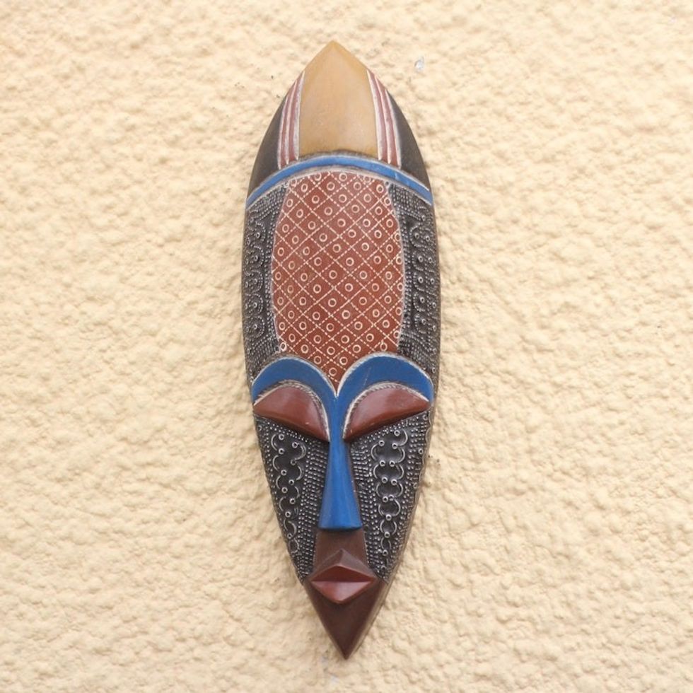 African Wood Mask Accented with Embossed Aluminum 'Feminine Patterns'