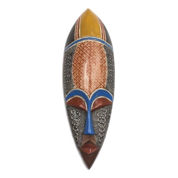 Alternate image for African Wood Mask Accented with Embossed Aluminum Feminine Patterns