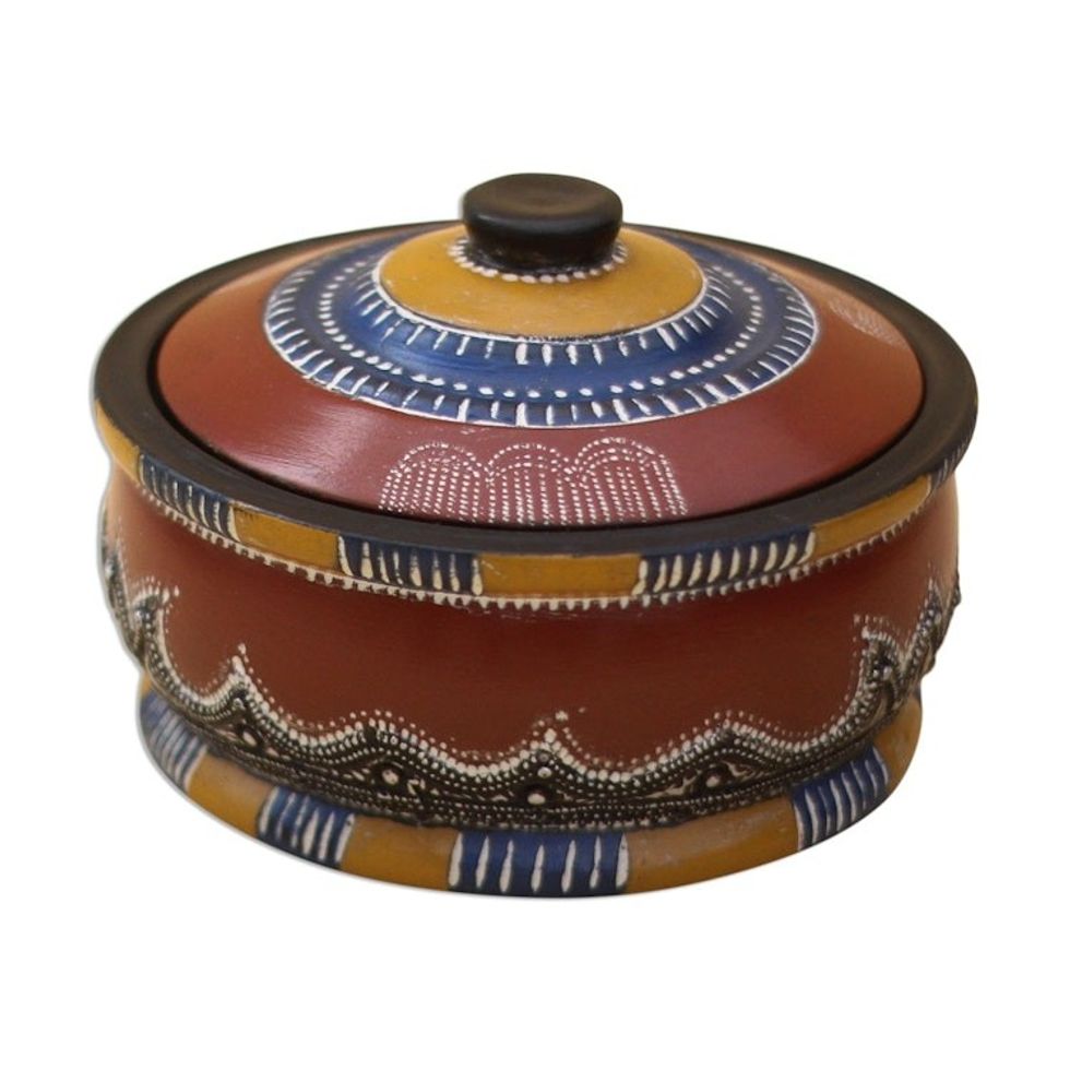Colorful Wood Decorative Jar Crafted in Ghana 'Colorful Hut'