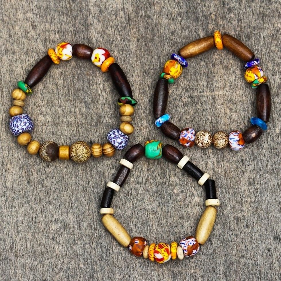 Wood and Recycled Glass Beaded Stretch Bracelets Set of 3 'Eco Friends'