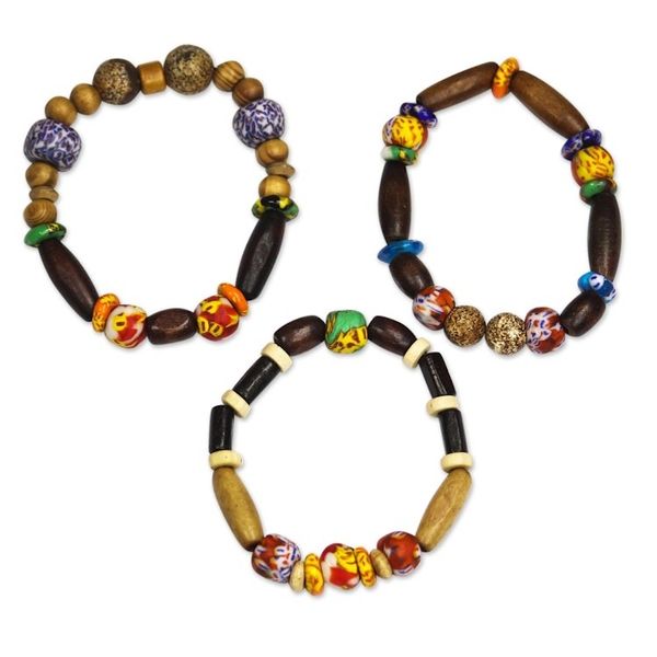 Alternate image for Wood and Recycled Glass Beaded Stretch Bracelets Set of 3 Eco Friends
