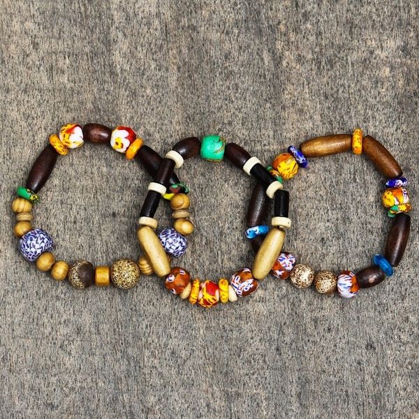 Alternate image for Wood and Recycled Glass Beaded Stretch Bracelets Set of 3 Eco Friends