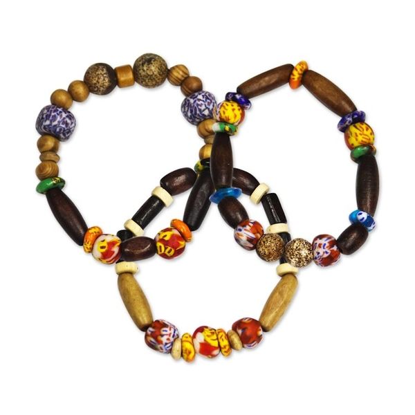 Alternate image for Wood and Recycled Glass Beaded Stretch Bracelets Set of 3 Eco Friends