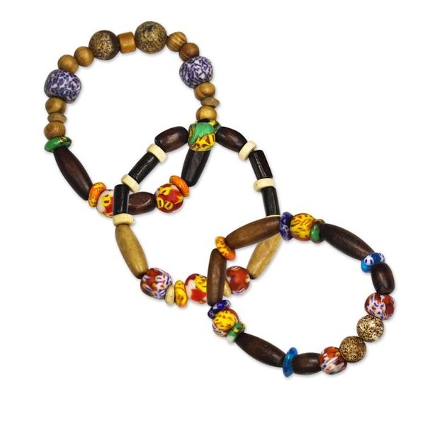 Alternate image for Wood and Recycled Glass Beaded Stretch Bracelets Set of 3 Eco Friends