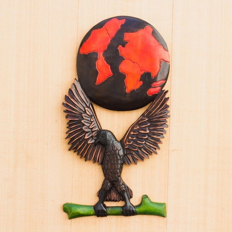 Hand Carved Sese Wood Eagle-Motif Relief Panel 'World Eagle'
