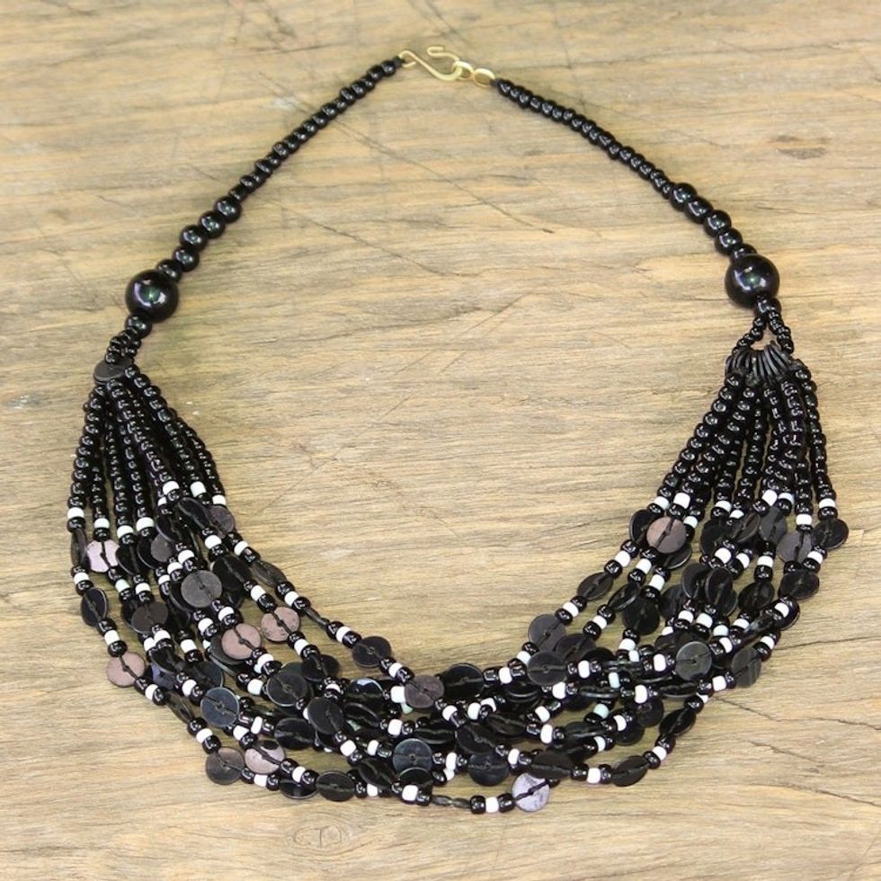 Black Ghanaian Necklace of Recycled Beads 'Midnight Ghanaian Thank You'