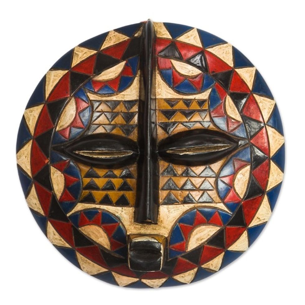 Triangle Pattern African Wood Mask from Ghana 'Multicolored Designs'