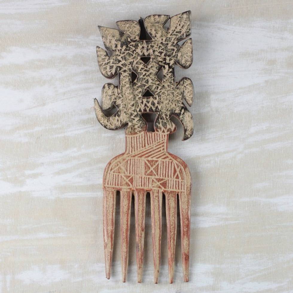 Decorative Sese Wood Adinkra Comb from Ghana 'Rustic Funtumfumfu'