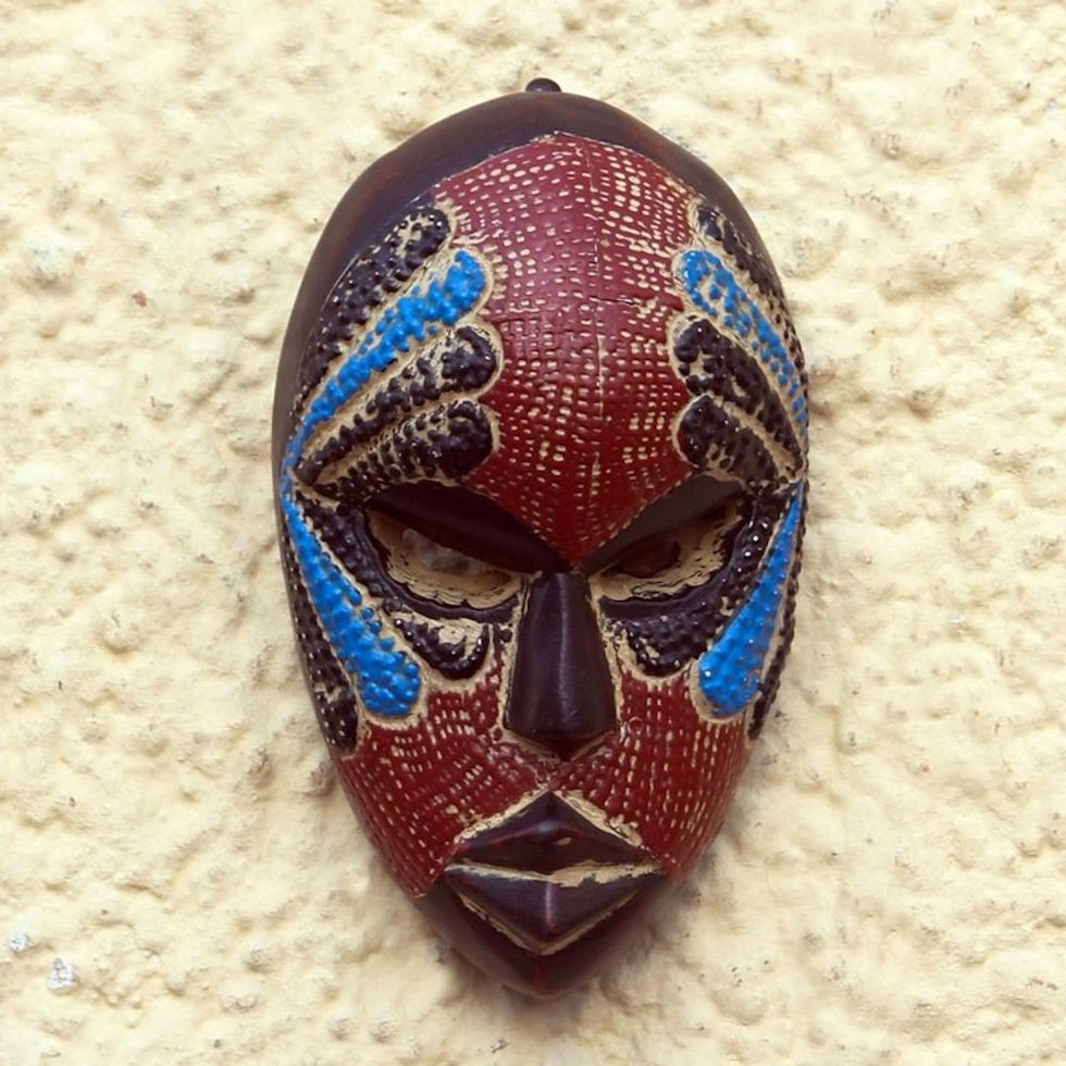 African Wood and Aluminum Mask from Ghana 'Face of Happiness'