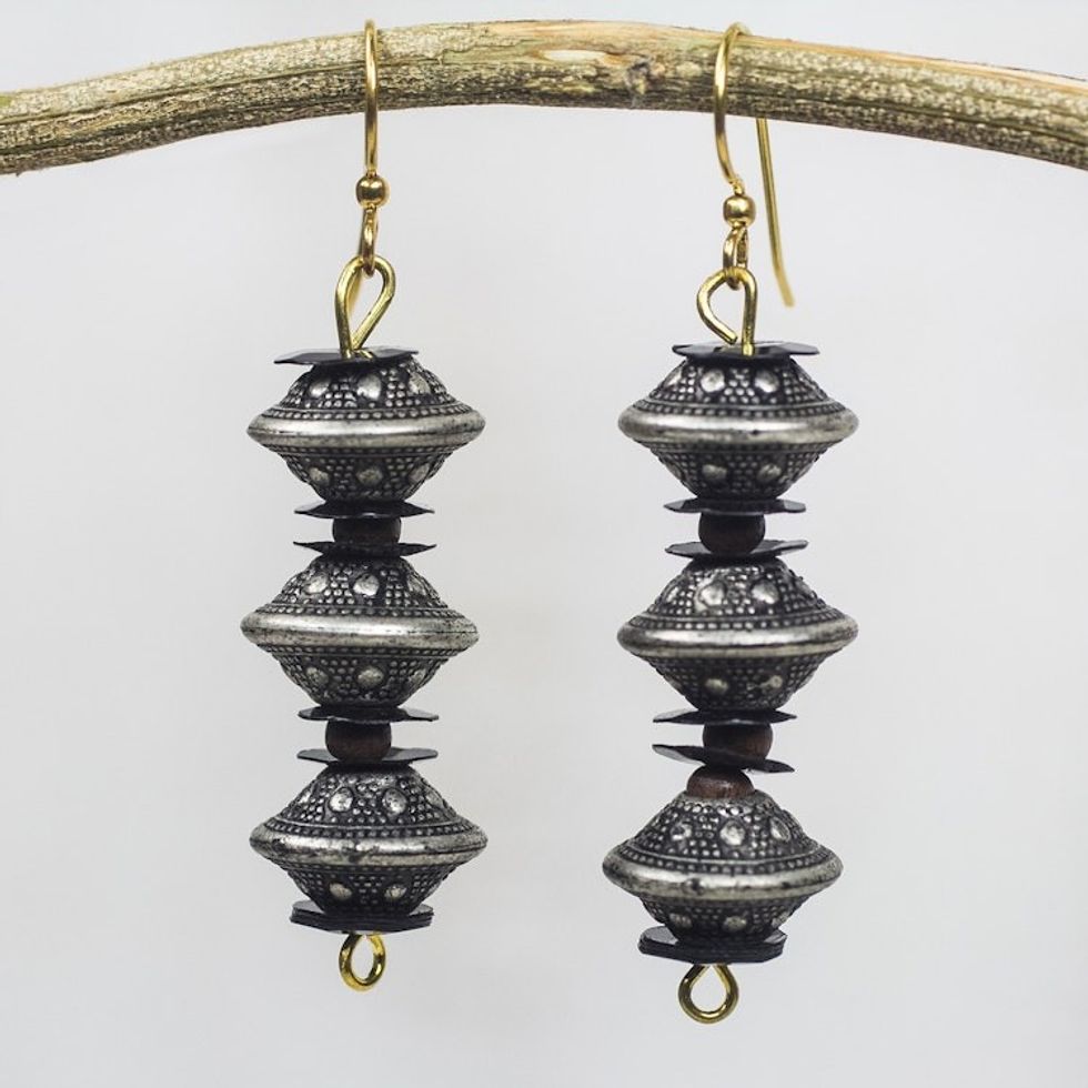 Recycled Plastic Silver Finish and Black Dangle Earrings 'Old World Allure'