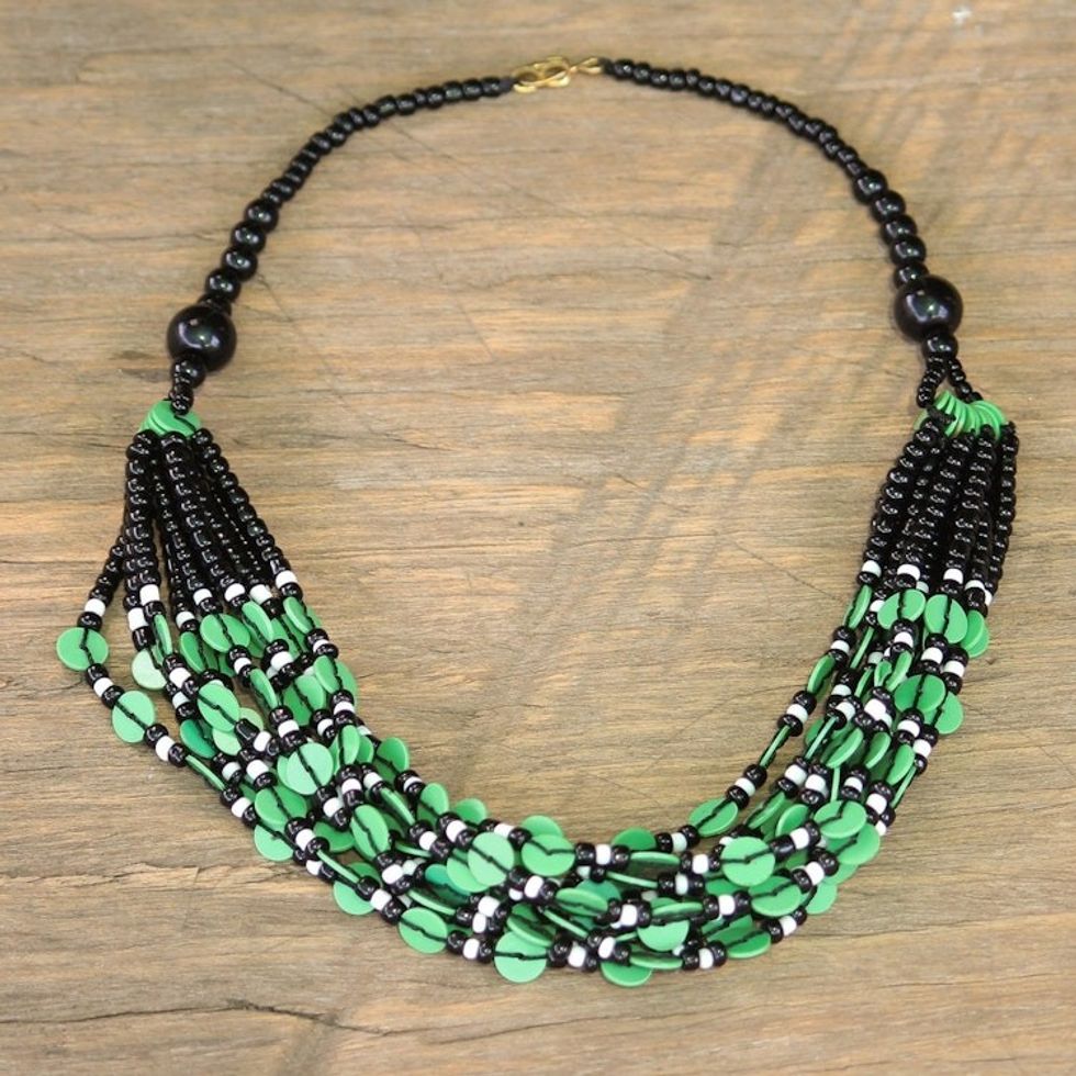 Black and Green Ghanaian Necklace of Recycled Beads 'Green Ghanaian Thank You'