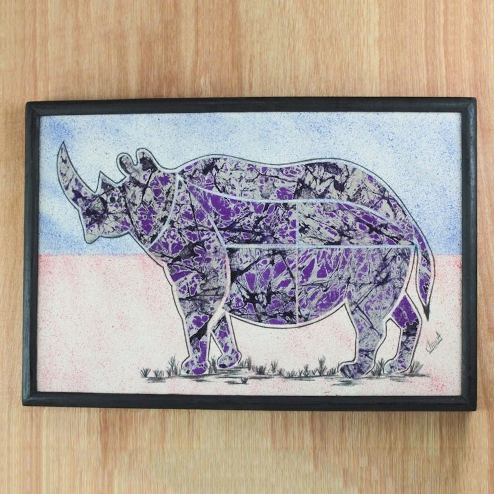 Purple Batik Look Fabric Collage Rhino Wall Art 'Rhino at Dusk'