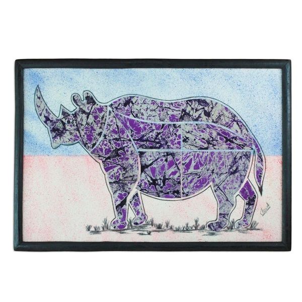 Alternate image for Purple Batik Look Fabric Collage Rhino Wall Art Rhino at Dusk