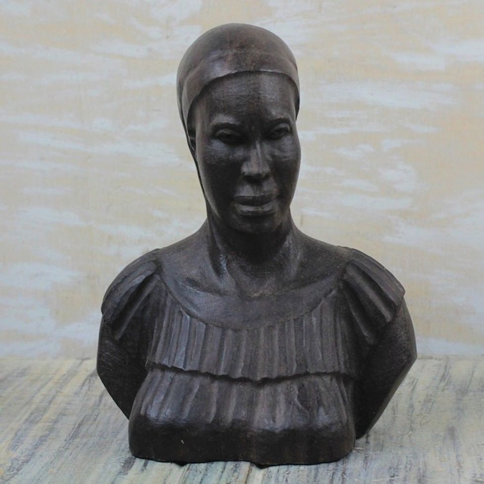 Signed Ebony Wood Bust Sculpture of a Woman from Ghana 'Bust of a Woman'