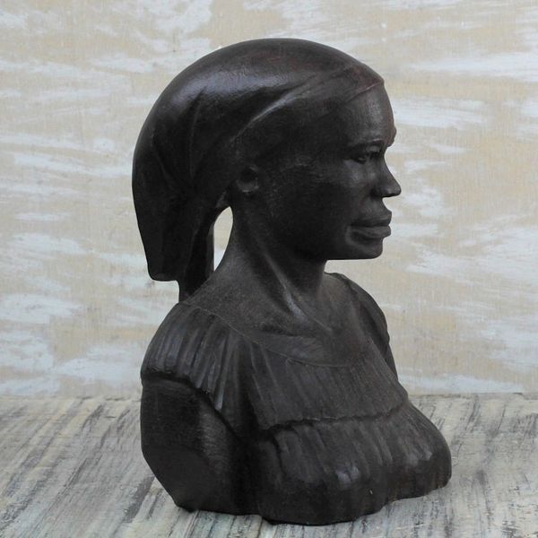 Alternate image for Signed Ebony Wood Bust Sculpture of a Woman from Ghana Bust of a Woman